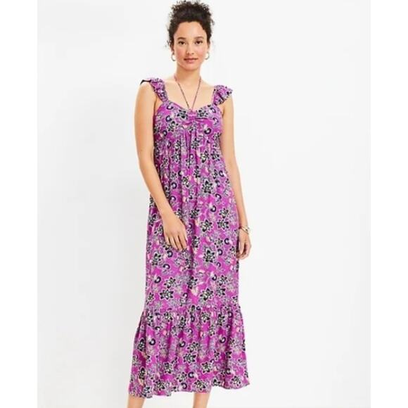 LOFT Hibiscus Halter Tiered Midi Dress Women Size 6‎ Purple Boho Cottagecore NWT - Picture 2 of 11